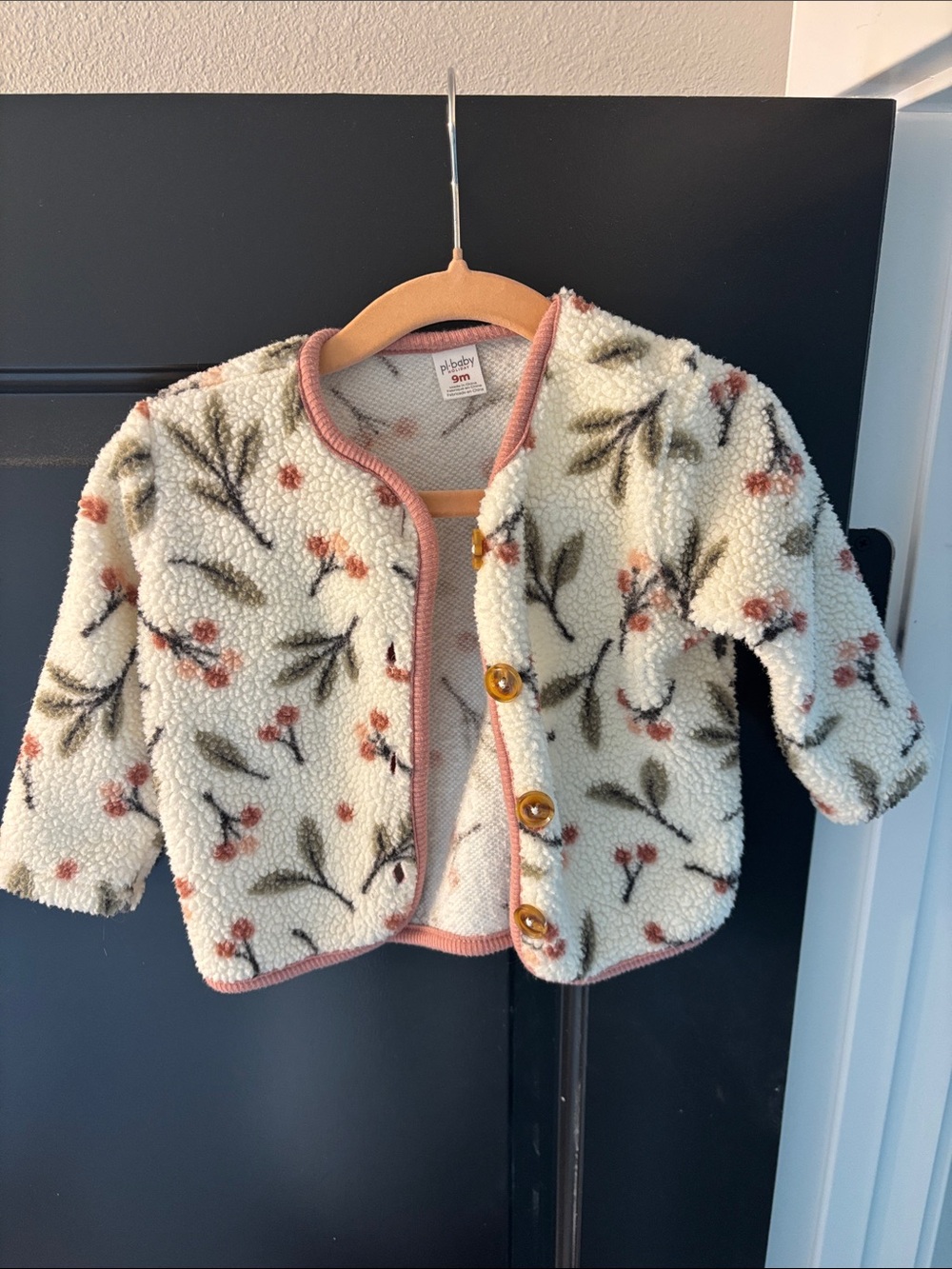 Cream Floral Sherpa Jacket with Pink Trim